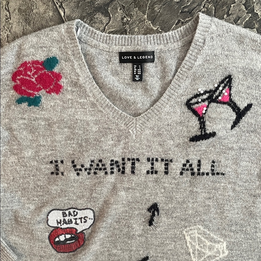 LOVE & LEGEND Whimsi Avant Garde Gray Knit Graphic Appliqué Embroidered Sweater